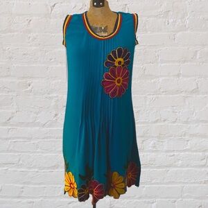 Turquoise Yellow Purple Floral Embroidered Sleeveless Above the Knee Shift Dress